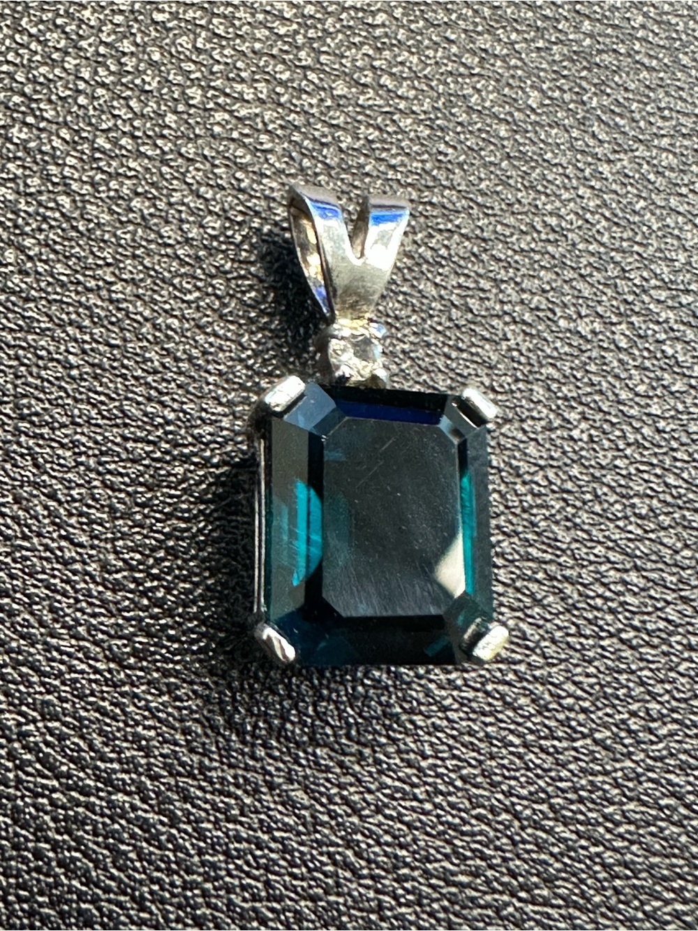 Sterling Silver 925 Pendant Emerald Cut Dark Teal Blue Topaz